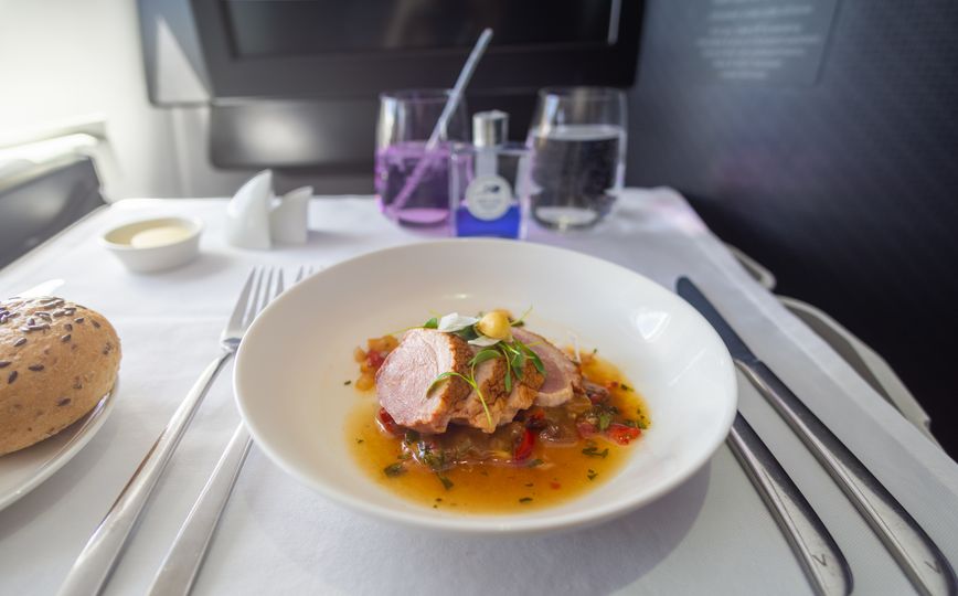 Smoked duck breast starter, Virgin Australia A330 business class (PER-MEL).